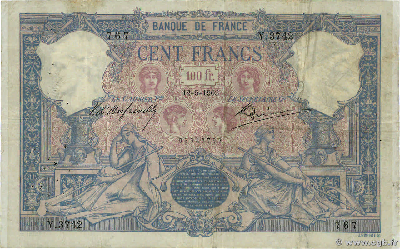 100 Francs BLEU ET ROSE FRANCE  1903 F.21.17 F+