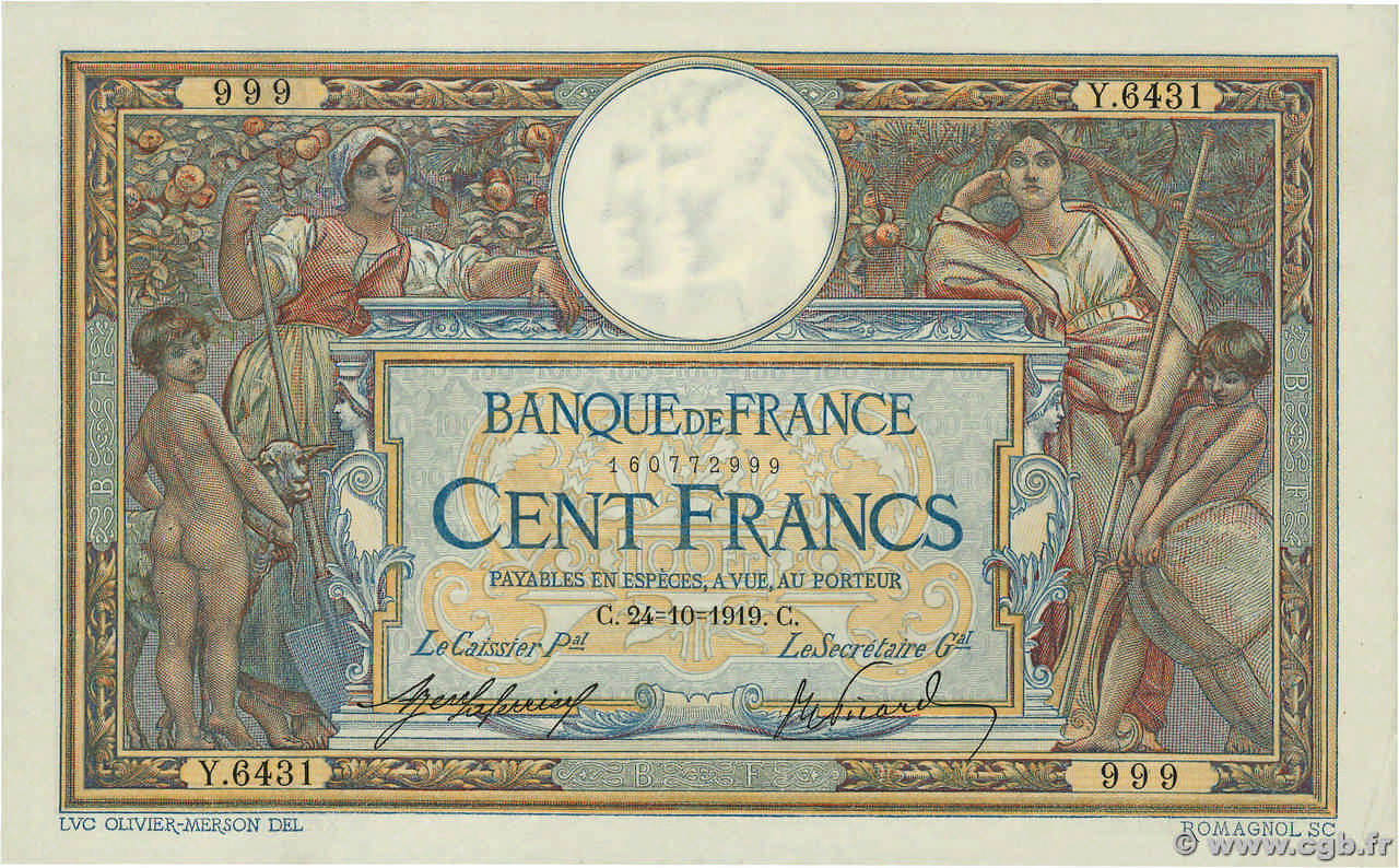 100 Francs LUC OLIVIER MERSON sans LOM Numéro spécial FRANCE  1919 F.23.11 XF