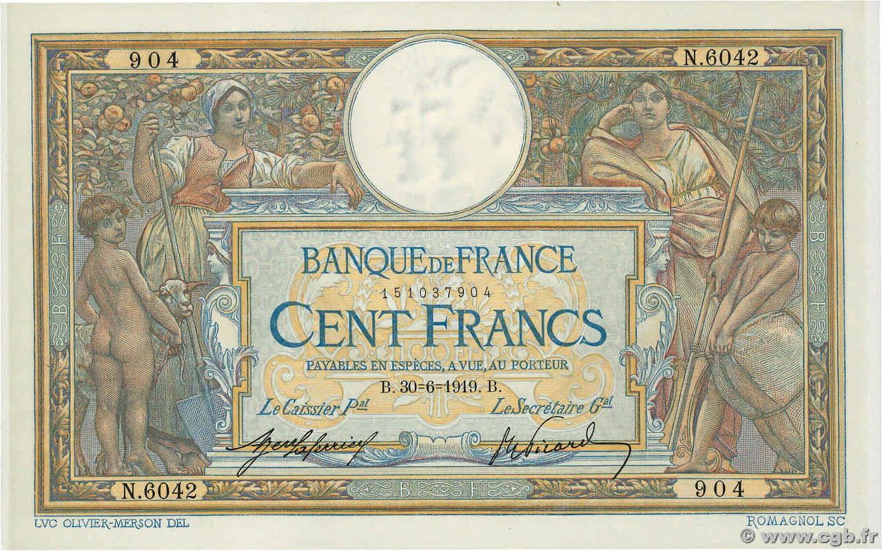 100 Francs LUC OLIVIER MERSON sans LOM FRANCE  1919 F.23.11 AU