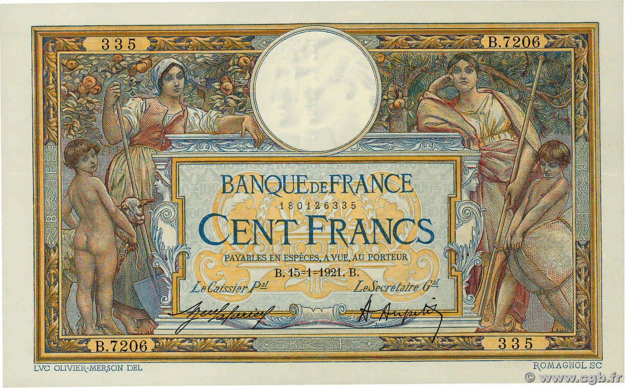 100 Francs LUC OLIVIER MERSON sans LOM FRANCE  1921 F.23.14 XF