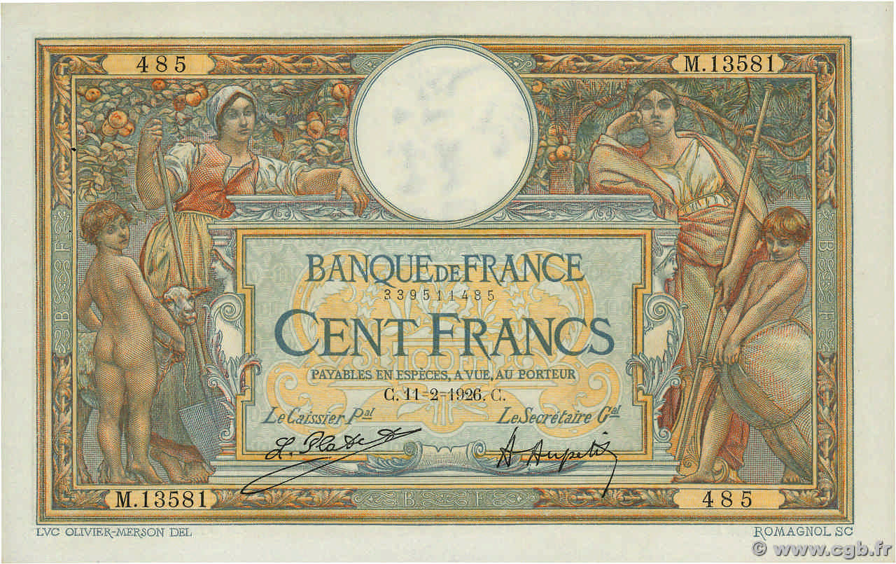 100 Francs LUC OLIVIER MERSON grands cartouches FRANCE  1926 F.24.04 XF+