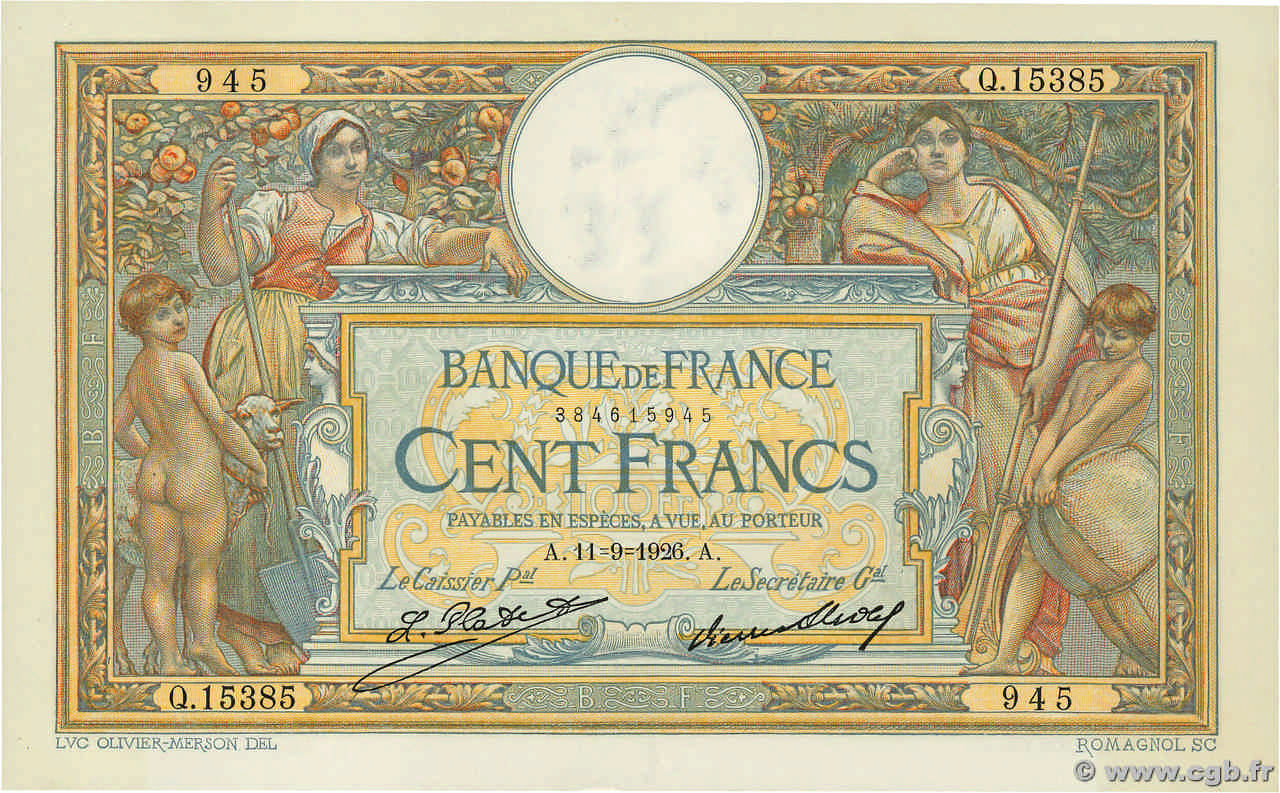 100 Francs LUC OLIVIER MERSON grands cartouches FRANKREICH  1926 F.24.05 fST