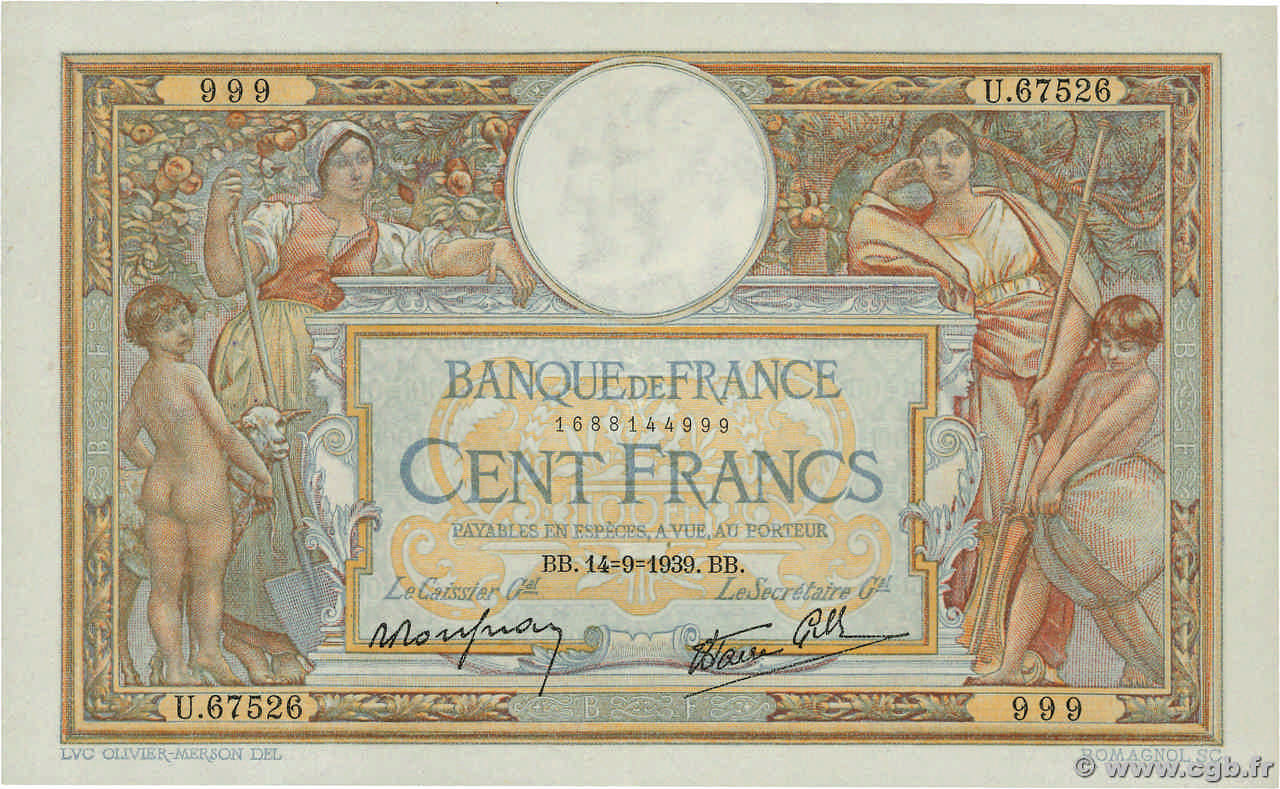 100 Francs LUC OLIVIER MERSON type modifié Numéro spécial FRANCIA  1939 F.25.49 SPL+