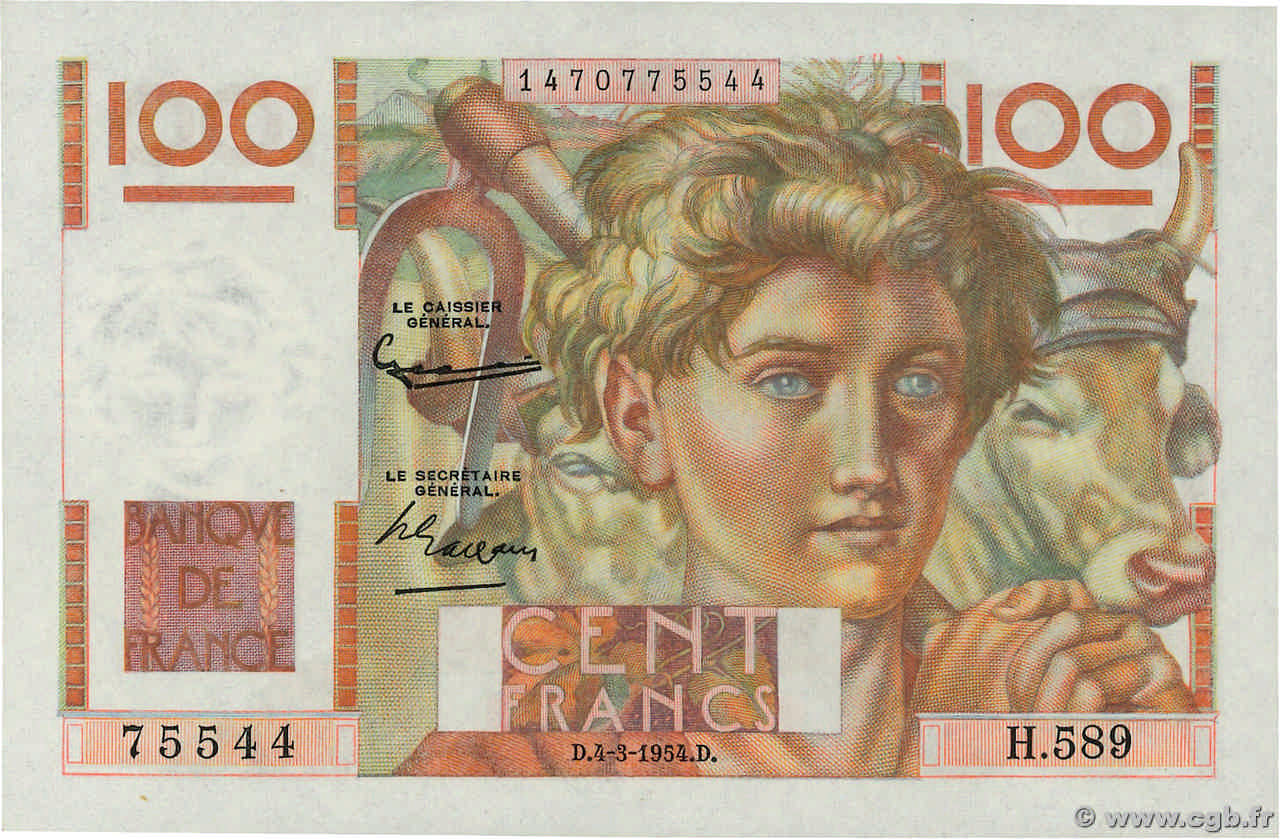 100 Francs JEUNE PAYSAN filigrane inversé FRANKREICH  1954 F.28bis.05 fST