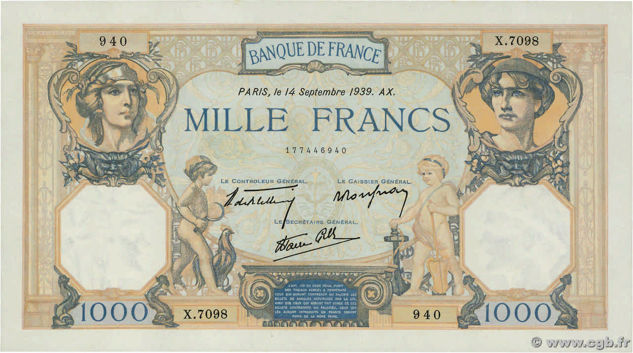 1000 Francs CÉRÈS ET MERCURE type modifié FRANCIA  1939 F.38.36 q.FDC