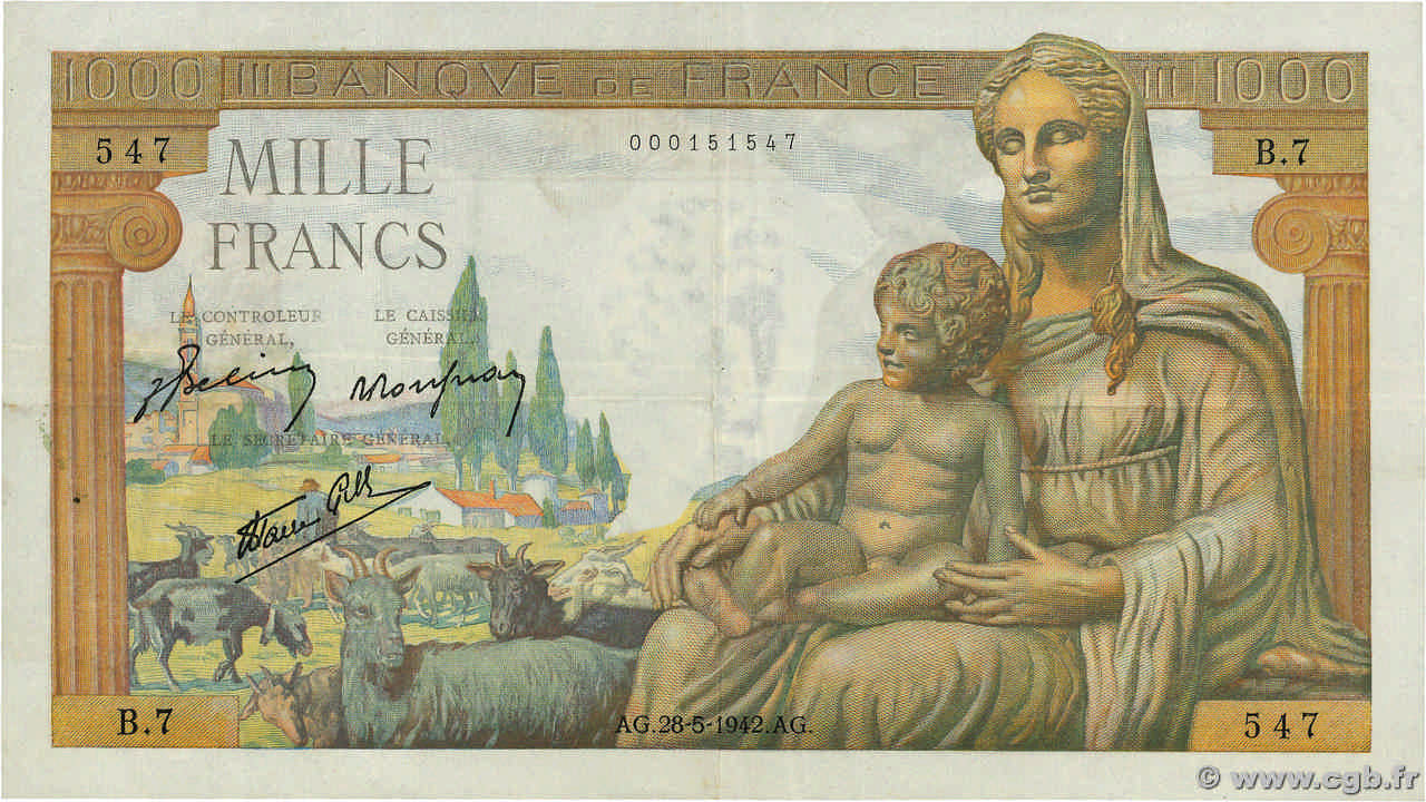 1000 Francs DÉESSE DÉMÉTER FRANCE  1942 F.40.01 VF-