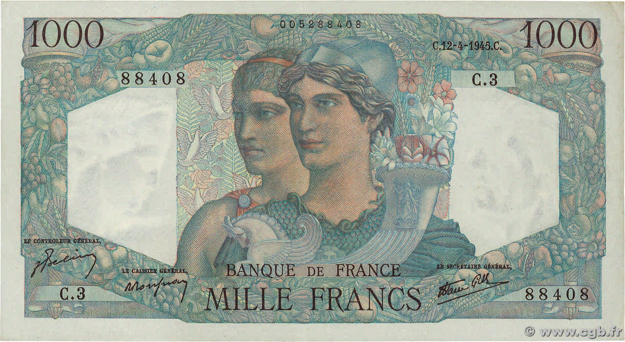 1000 Francs MINERVE ET HERCULE FRANCE  1945 F.41.01 XF+