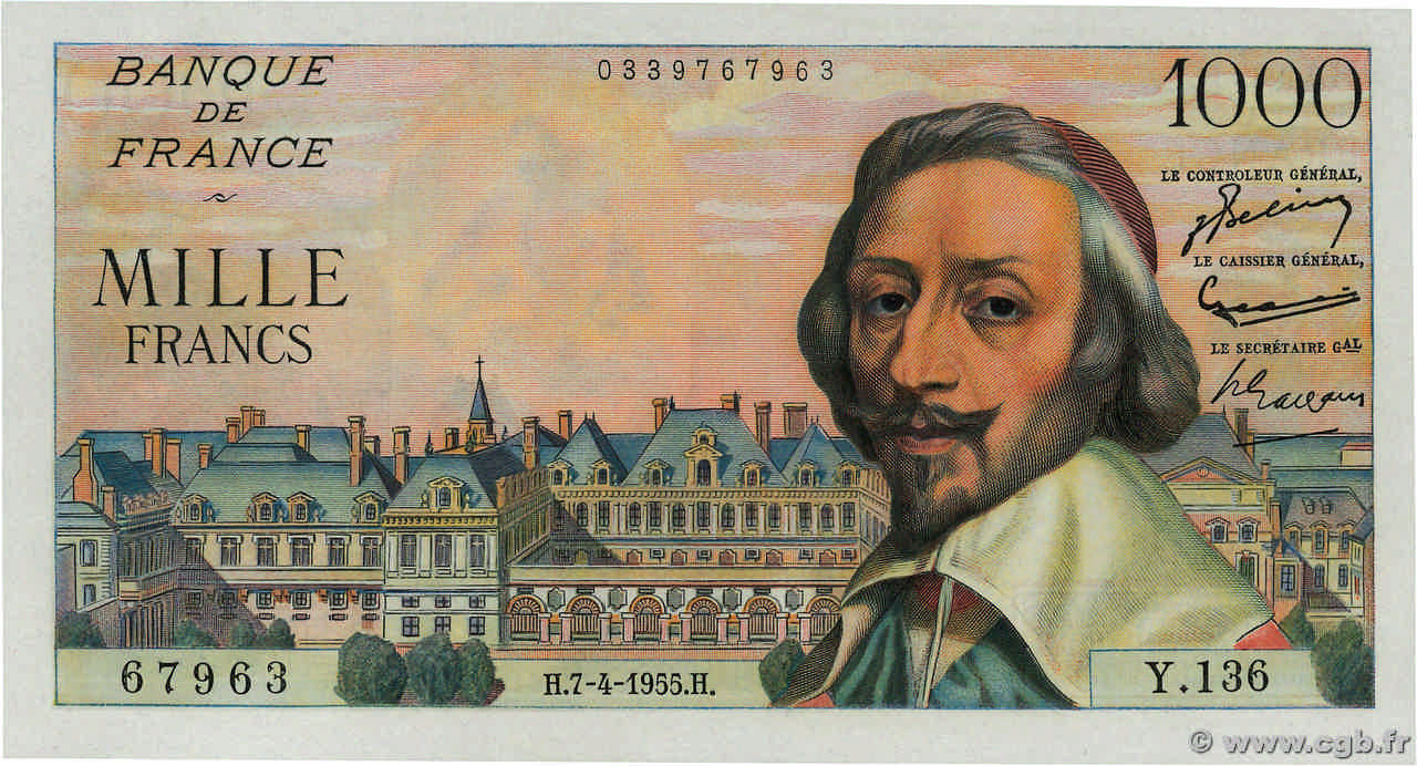 1000 Francs RICHELIEU FRANCE  1955 F.42.12 UNC