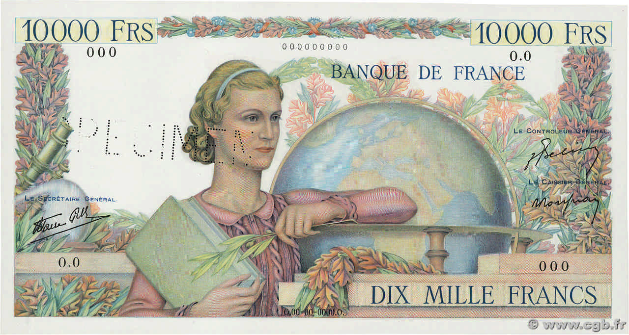 10000 Francs GÉNIE FRANÇAIS Épreuve FRANCIA  1945 F.50.00Ed FDC