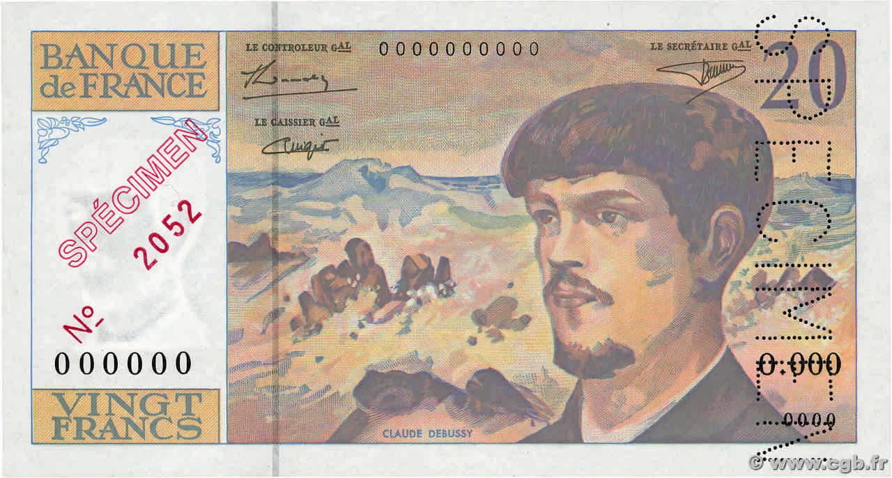 20 Francs DEBUSSY Spécimen FRANCE  1980 F.66.01Spn2 AU+