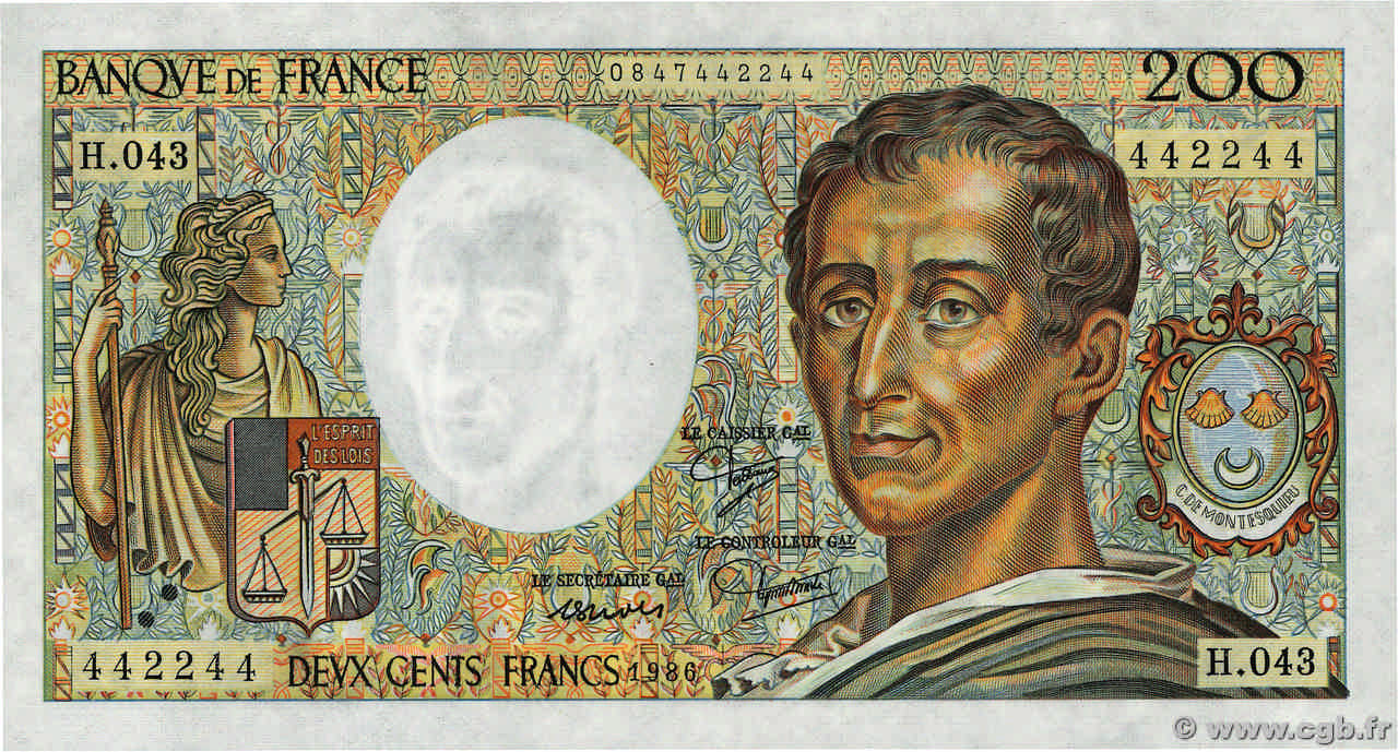 200 Francs MONTESQUIEU Numéro radar FRANKREICH  1986 F.70.06 fST+