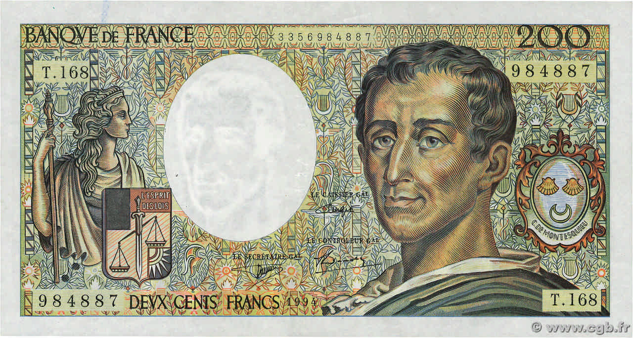 200 Francs MONTESQUIEU Modifié FRANCE  1994 F.70/2.02 TTB