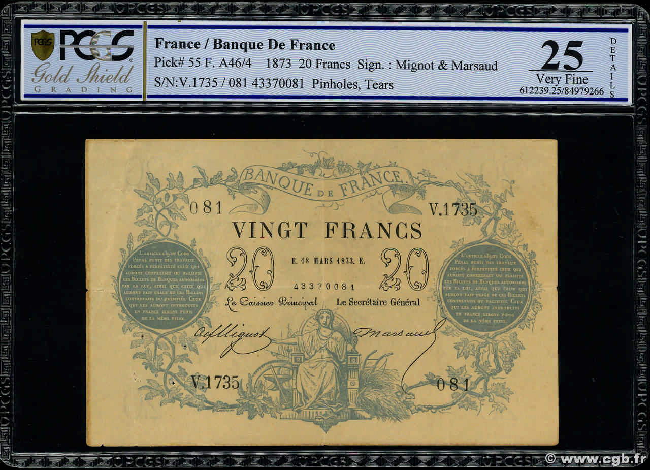 20 Francs type 1871 - Bleu FRANCIA  1873 F.A46.04 MBC