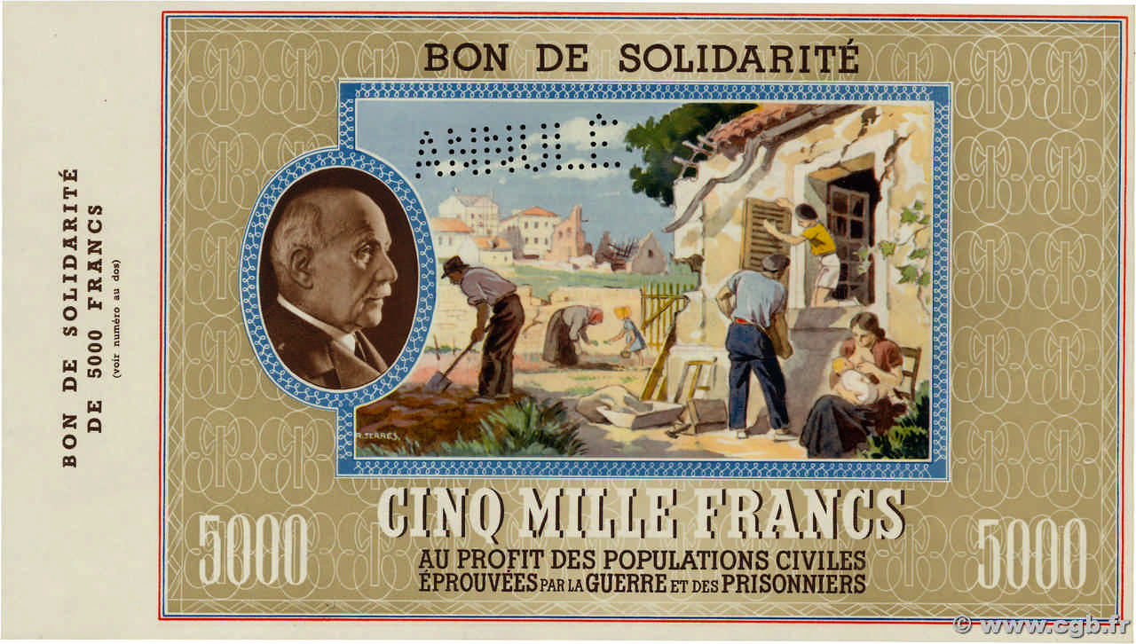 5000 Francs BON DE SOLIDARITÉ Annulé FRANCE  1941 KL.13 UNC-