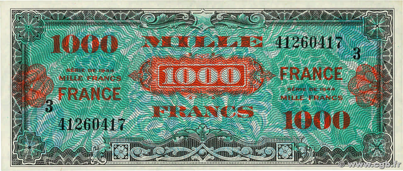 1000 Francs FRANCE FRANKREICH  1945 VF.27.03 fST+