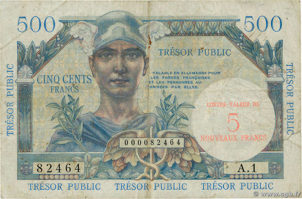 5NF sur 500 Francs TRÉSOR PUBLIC FRANCIA  1960 VF.37.01 RC+