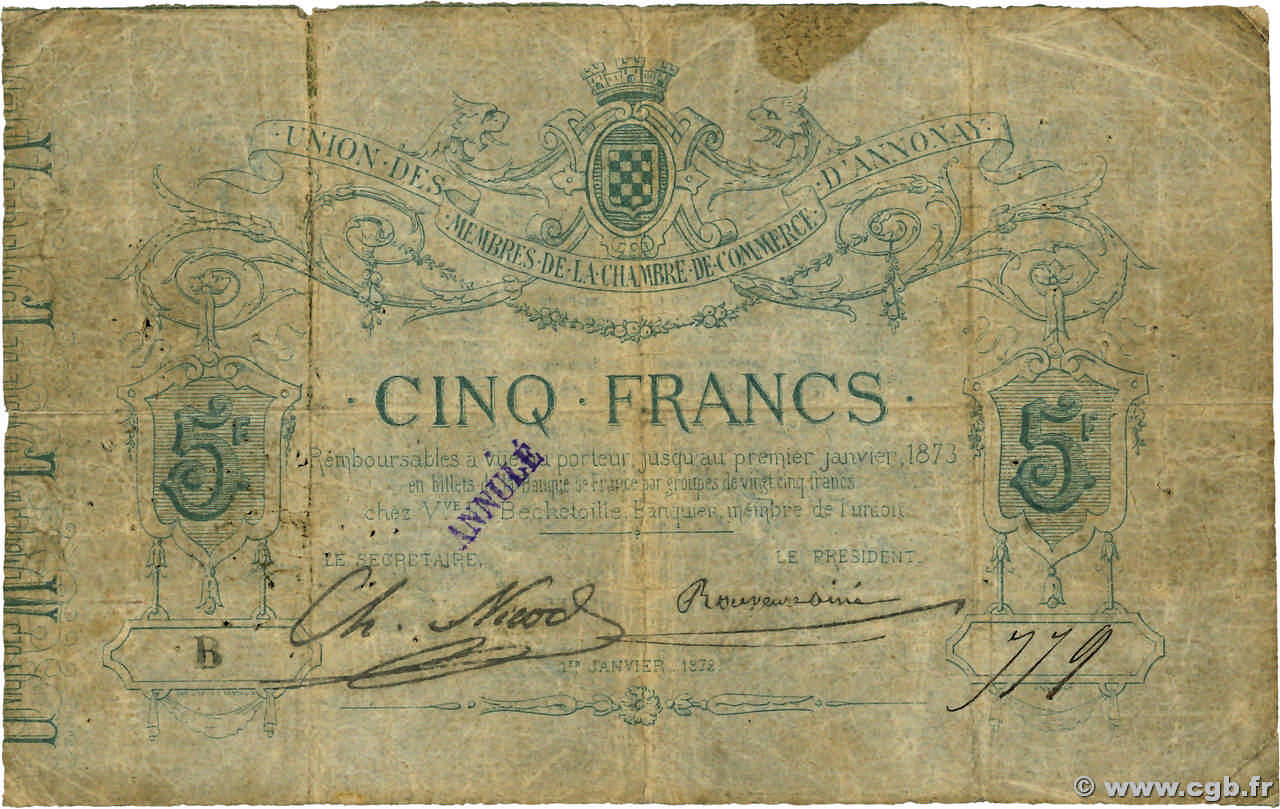 5 Francs Annulé FRANCE regionalism and various Annonay 1872 JER.07.01a F