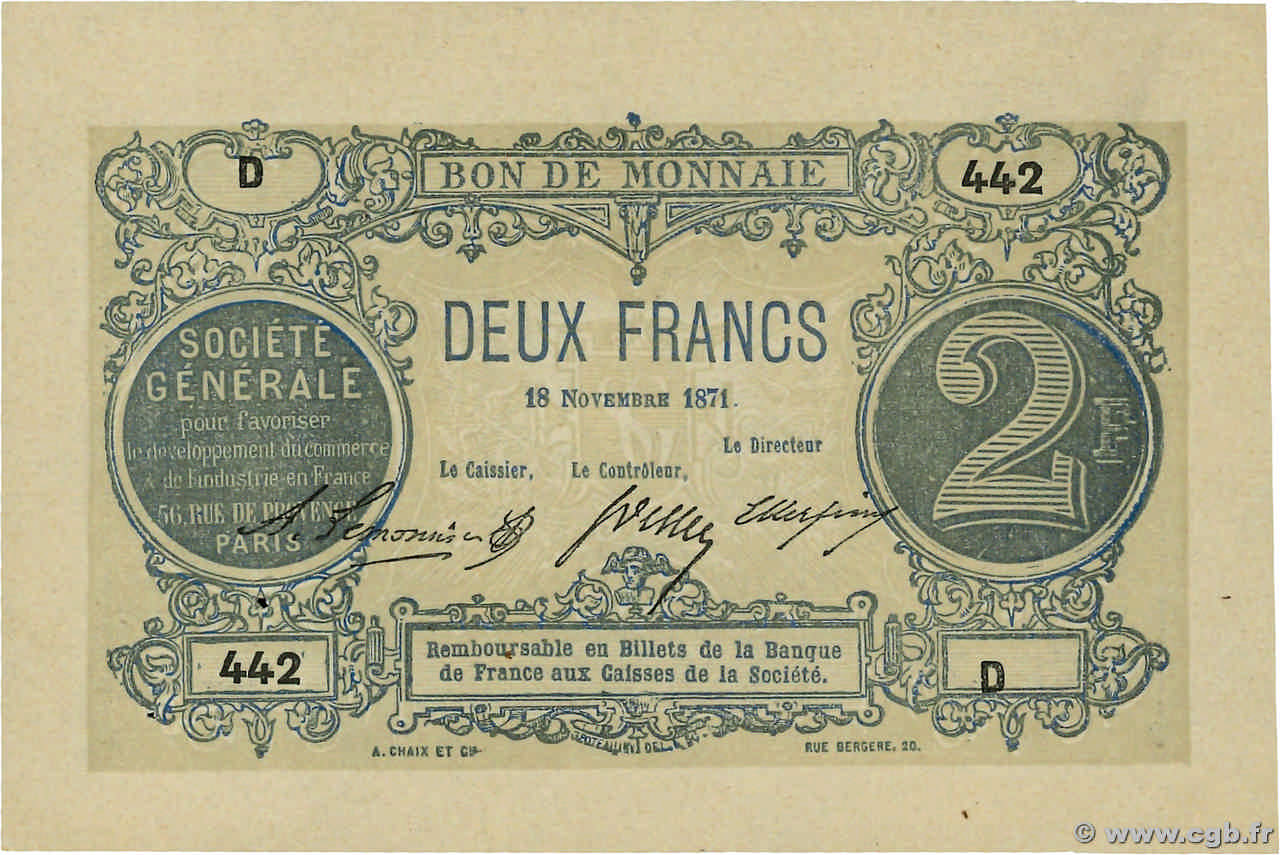 2 Francs Société Générale FRANCE regionalism and miscellaneous Paris 1871 JER.75.02B AU