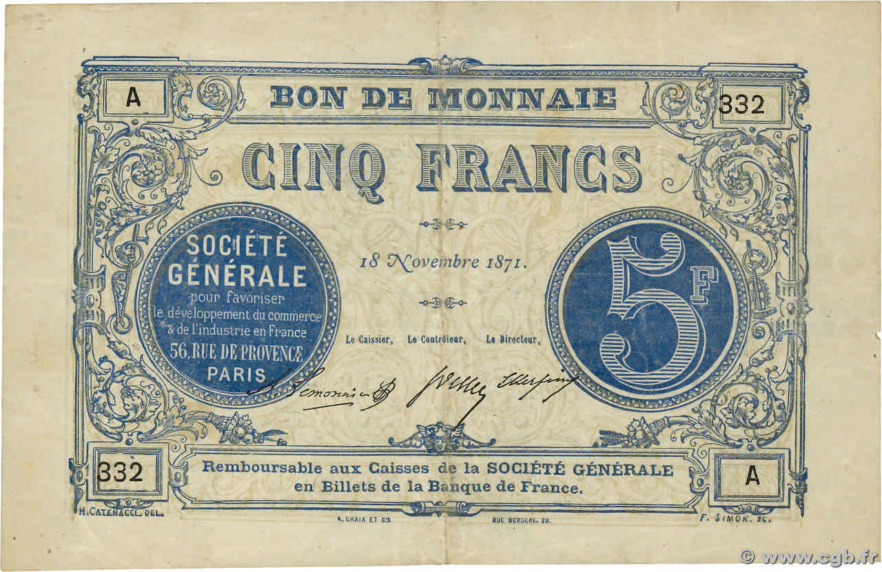 5 Francs Société Générale FRANCE Regionalismus und verschiedenen Paris 1871 JER.75.02C fVZ