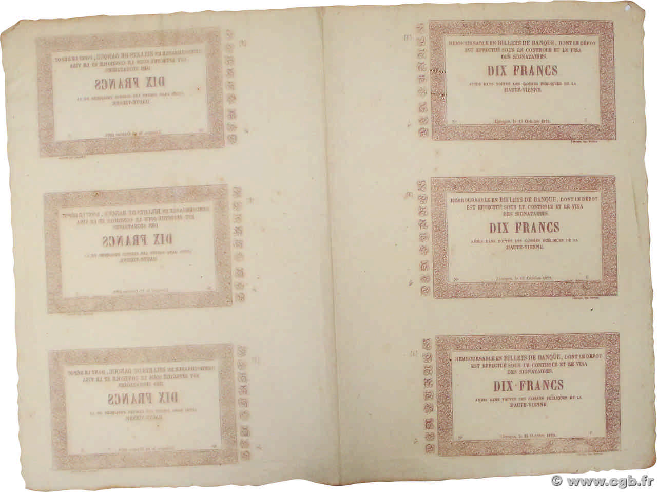 10 Francs Planche FRANCE régionalisme et divers Limoges 1870 JER.87.01cp SPL