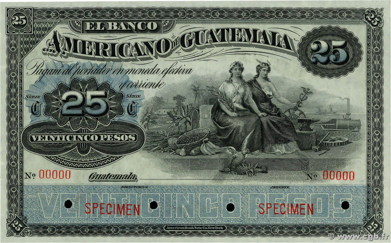 25 Pesos Spécimen GUATEMALA  1895 PS.113s UNC-