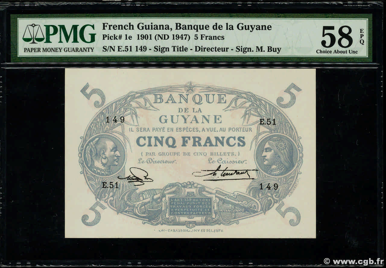 5 Francs Cabasson bleu GUYANE  1947 P.01e SPL