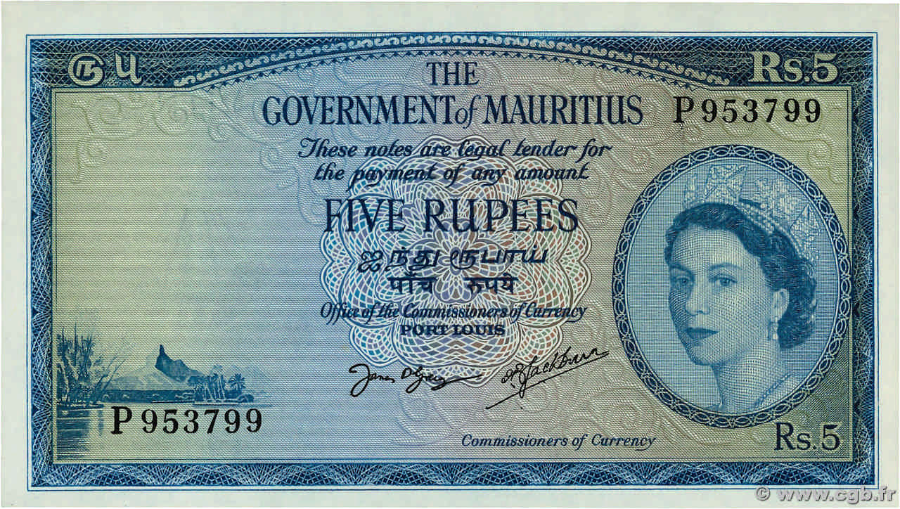 5 Rupees MAURITIUS  1954 P.27 SC+