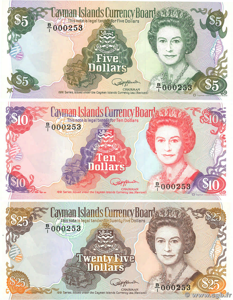 5, 10 et 25 Dollars Lot CAYMAN ISLANDS  1991 P.12a, P.13a et P.14 UNC-