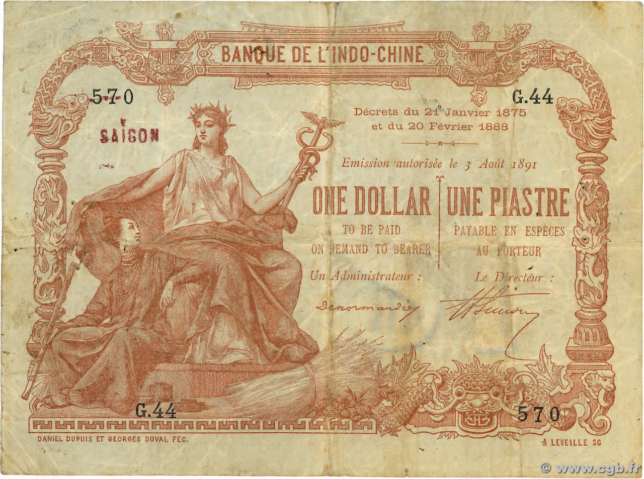 1 Dollar - 1 Piastre marron INDOCINA FRANCESE Saïgon 1891 P.027 MB