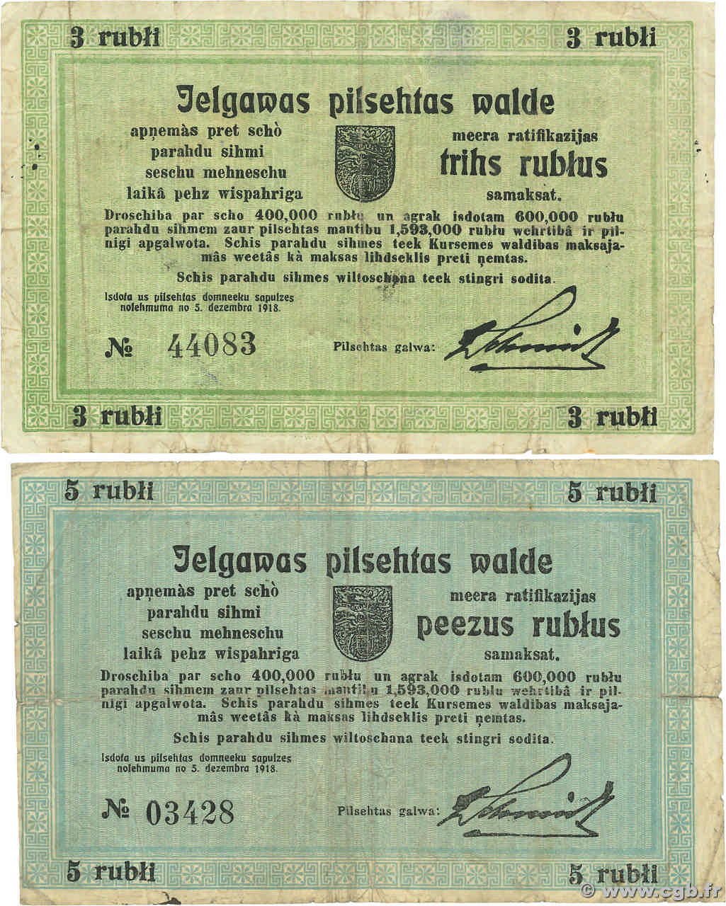 3 et 5 Roubles Lot LETTONIE Mittau - Jelgava 1918 P.- B à TB