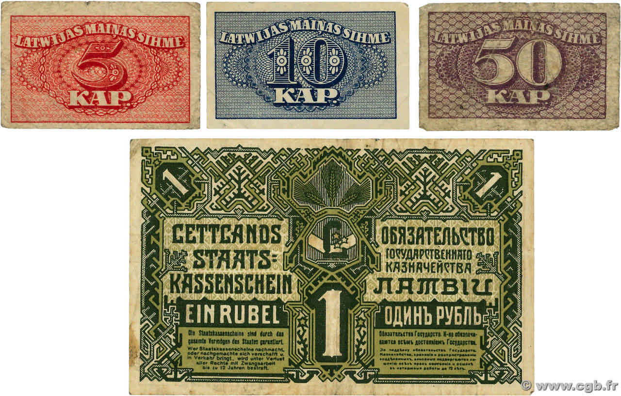 1 Rublis, 5, 10 et 50 Kapeikas Lot LETTONIE  1919 P.02b, P.09a, P.10a et P.12a TB+