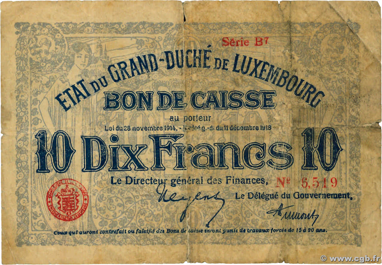 10 Francs LUXEMBOURG  1919 P.30 pr.TB