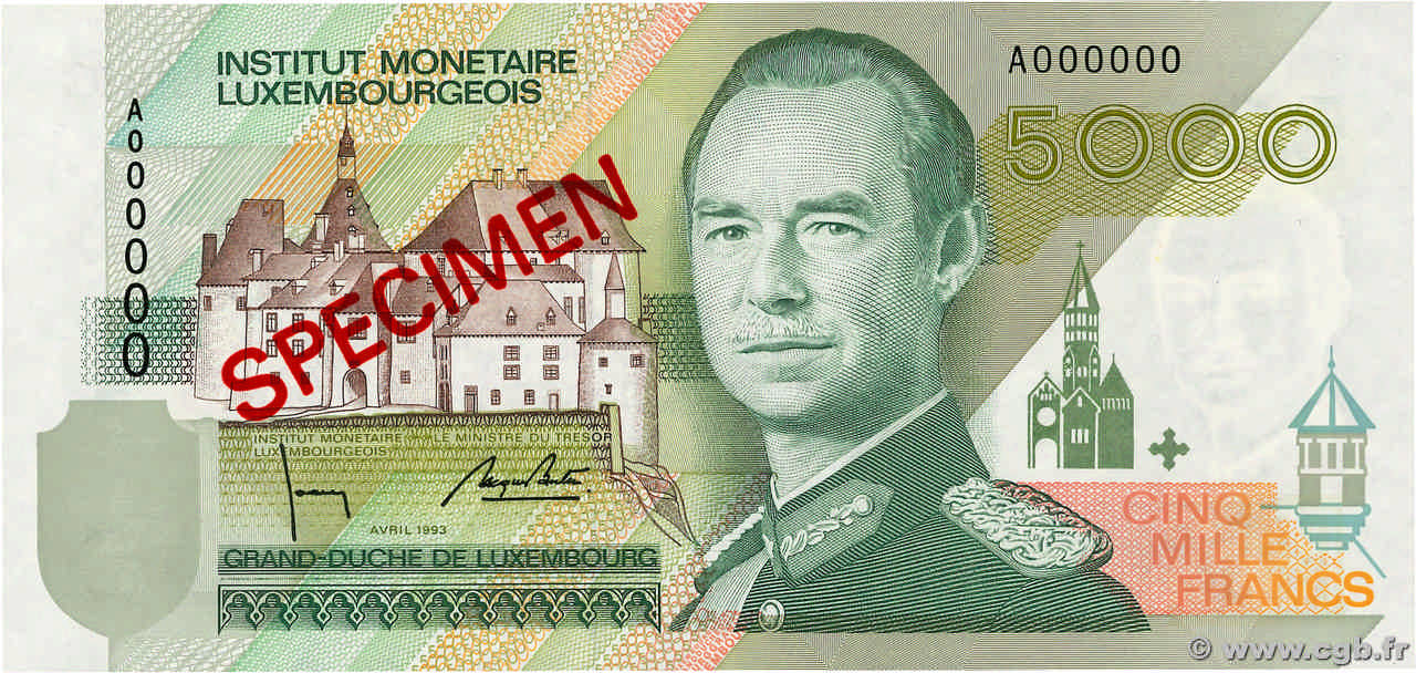 5000 Francs Spécimen LUXEMBOURG  1993 P.60as NEUF