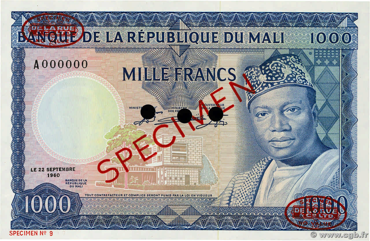 1000 Francs Spécimen MALI  1960 P.09s fST+