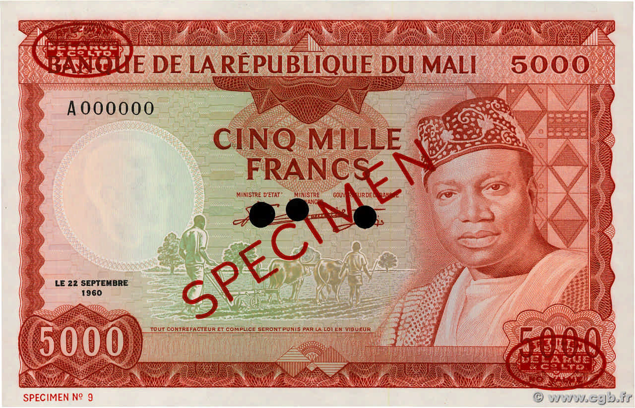 5000 Francs Spécimen MALI  1960 P.10s UNC-
