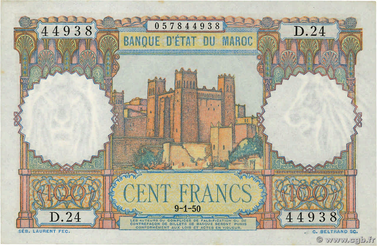 100 Francs MAROCCO  1950 P.45 AU