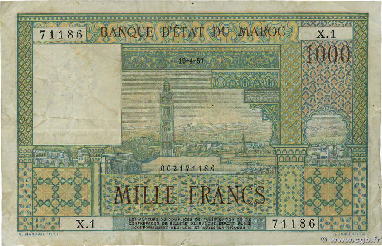 1000 Francs MOROCCO  1951 P.47 F