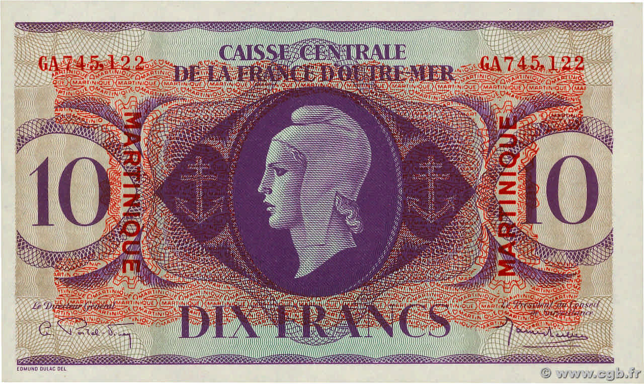 10 Francs Type anglais MARTINIQUE  1944 P.23 FDC