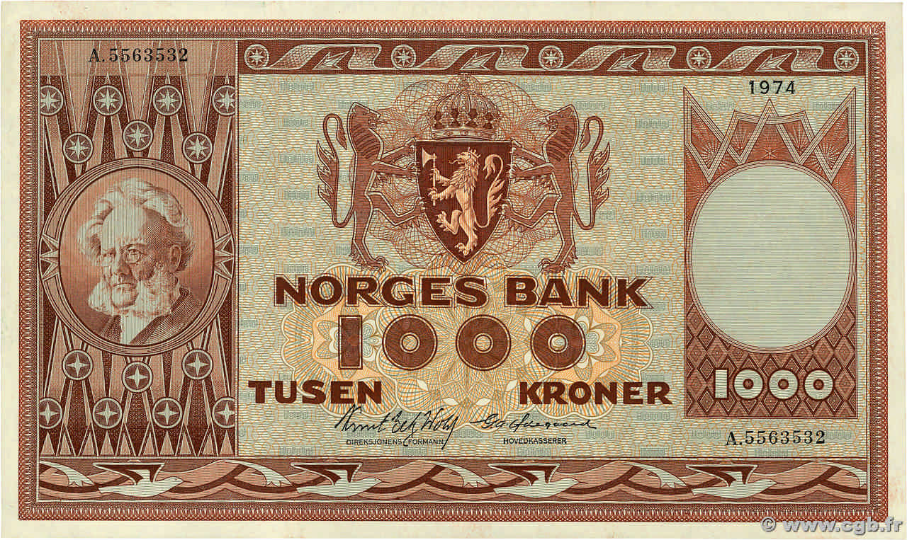 1000 Kroner NORVÈGE  1974 P.35e EBC
