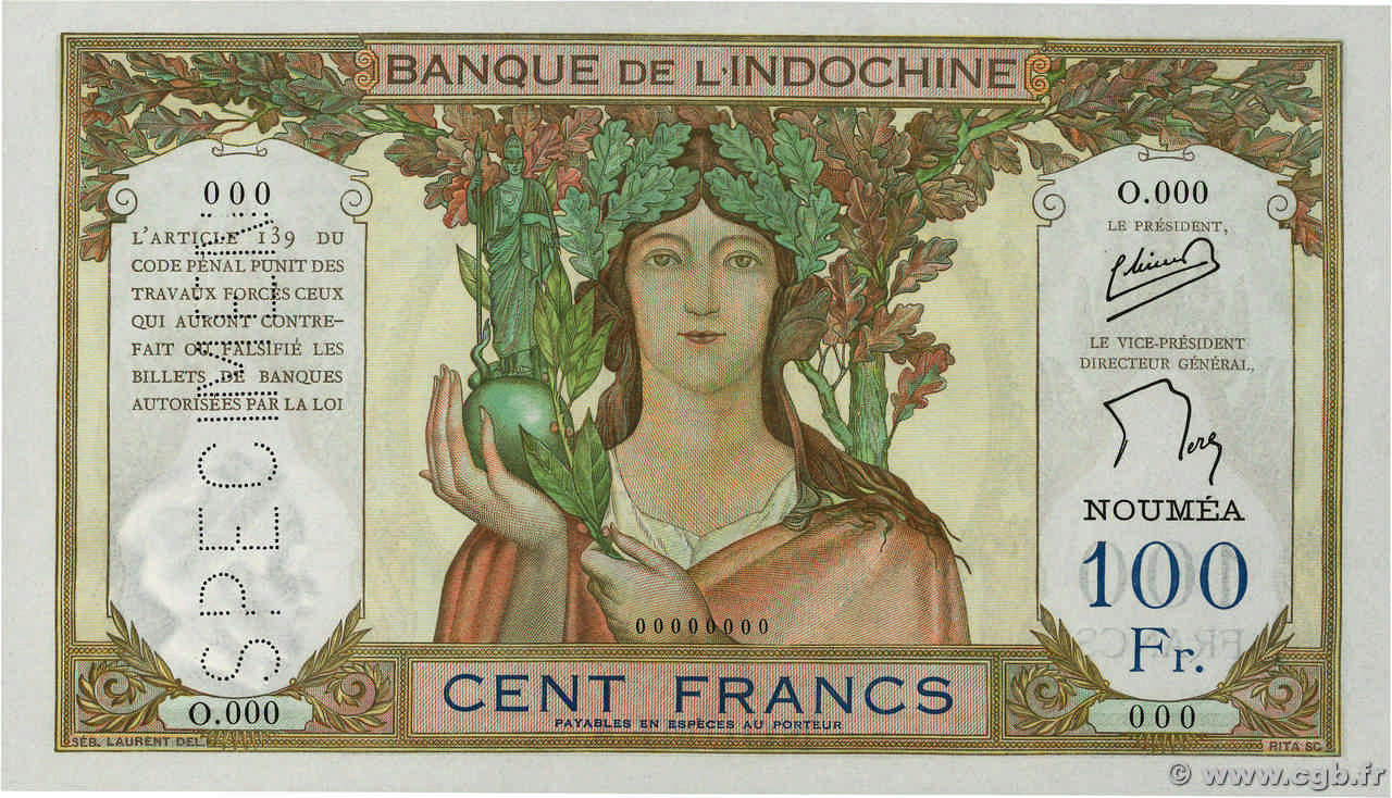 100 Francs Spécimen NOUVELLE CALÉDONIE  1957 P.42ds UNC