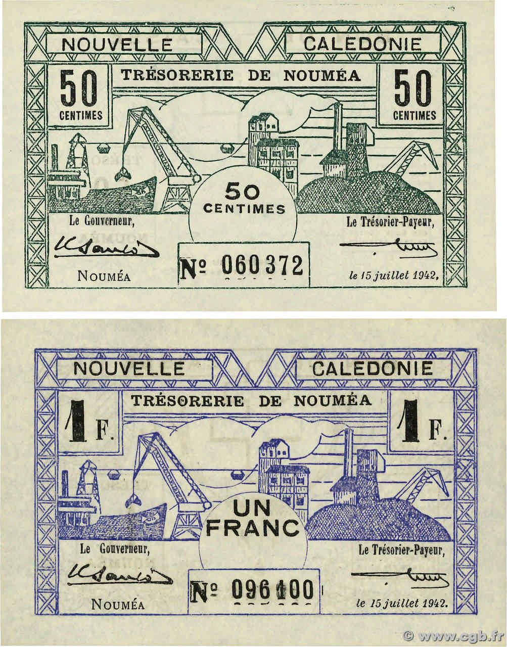 50 Centimes et 1 Franc Lot NOUVELLE CALÉDONIE  1942 P.51 et P.52 NEUF