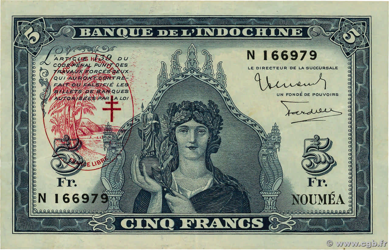 5 Francs NEW HEBRIDES  1945 P.05 XF-