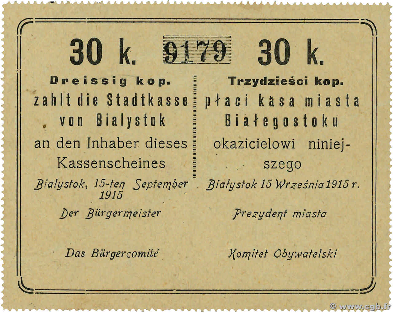 30 Kopeks POLAND Bialystock 1915 P.- XF+