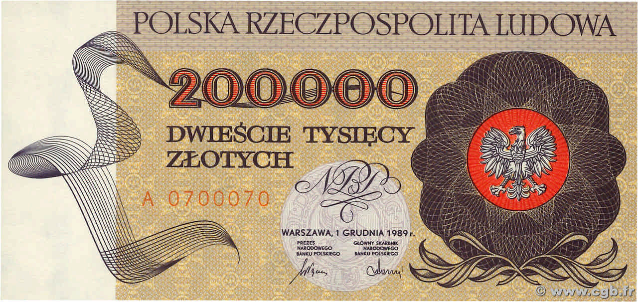 200000 Zlotych Numéro spécial POLAND  1989 P.155a UNC