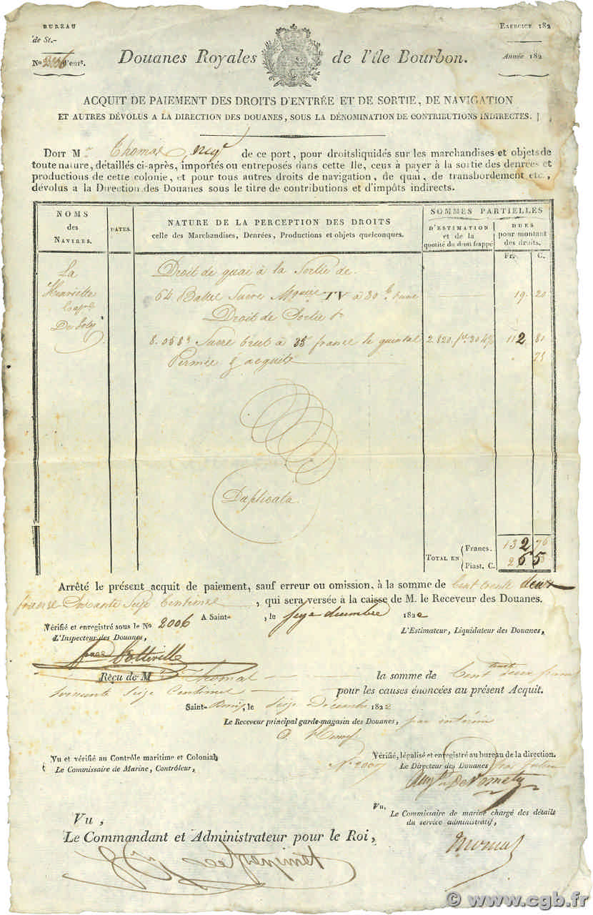 132 Francs REUNION ISLAND  1822 P.- VF