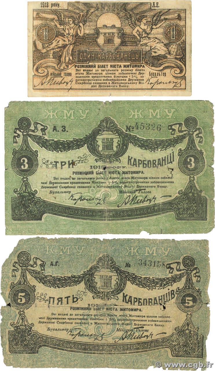 1, 3 et 5 Karbovantsiv Lot RUSSIA Zhytomyr 1918 PS.0341 PS.0343 q.B