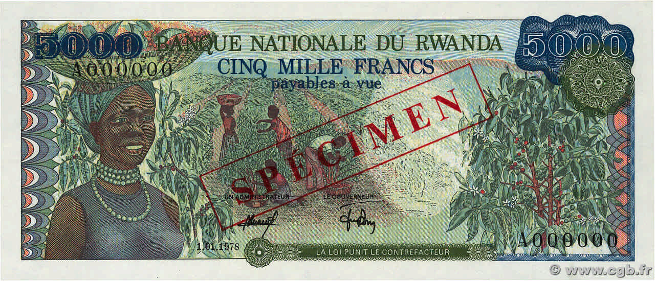 5000 Francs Spécimen RWANDA  1978 P.15s UNC