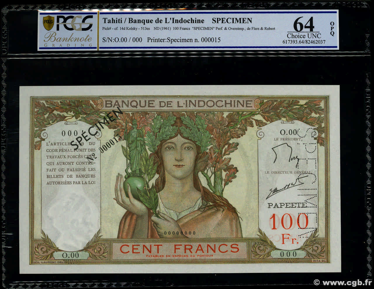 1000 Francs Spécimen TAHITI  1961 P.14ds fST+