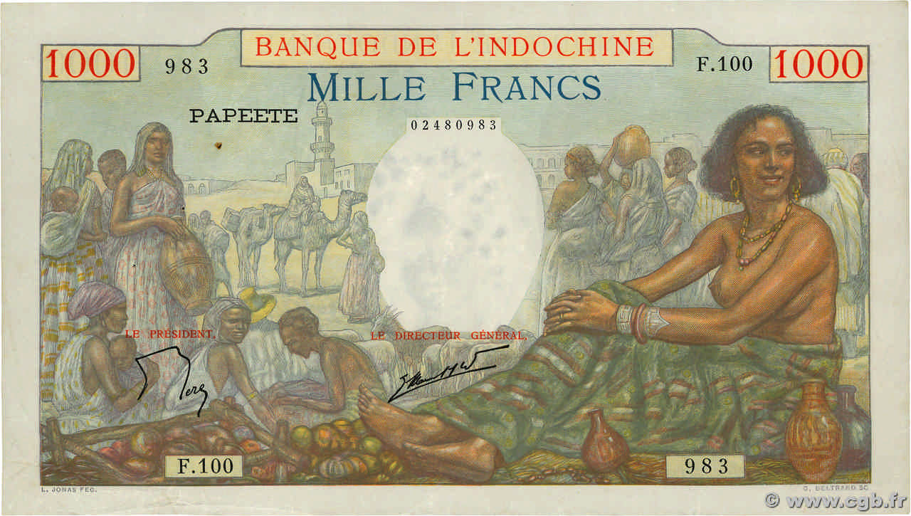 1000 Francs TAHITI  1957 P.15c TTB