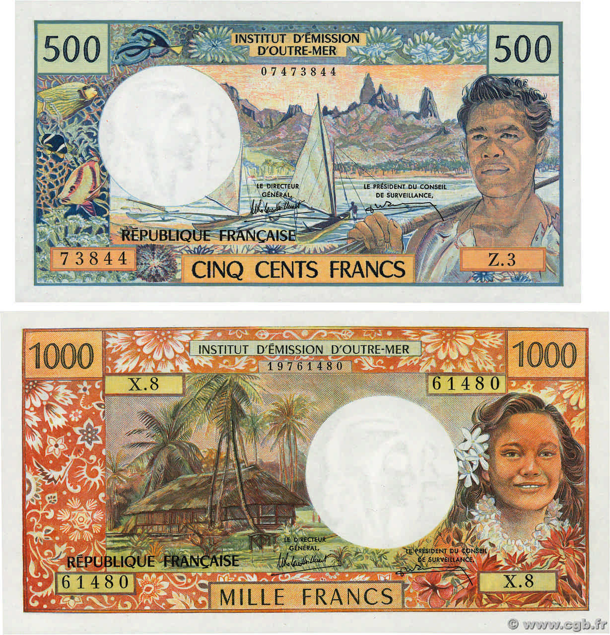 500 et 1000 Francs Lot TAHITI  1985 P.25d et P.27d UNC-